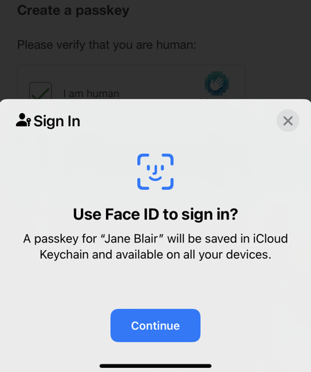 A screenshot of confirmation in using Face ID to sign in.