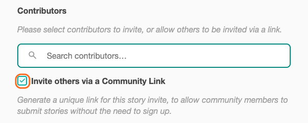 A screenshot of check box to invite others via a Community link.