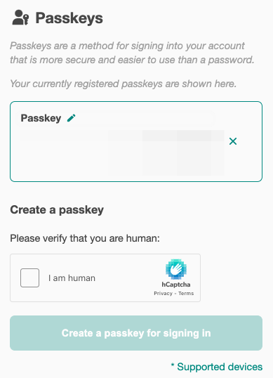 A screenshot of Passkey section.