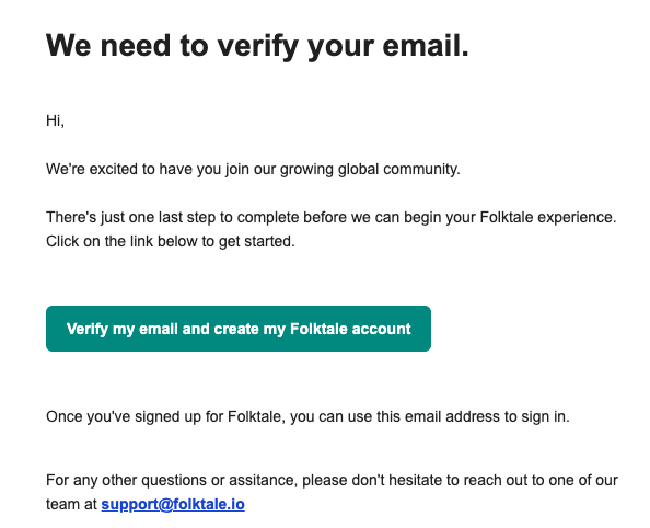 A screenshot of email sent by Folktale when to verify your email address.